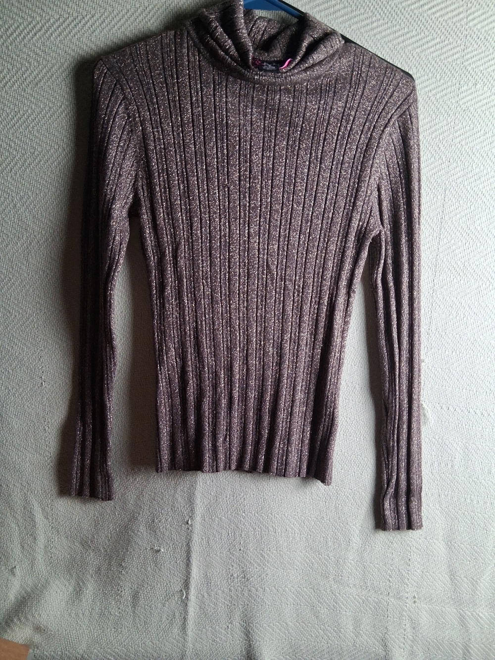 Ribbed Metallic Mock Neck Sweater - Taupe